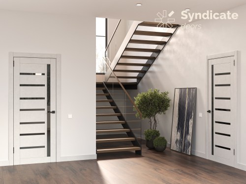 Двері Syndicat Doors PVC 101 Біла структура чорне скло в ітерері